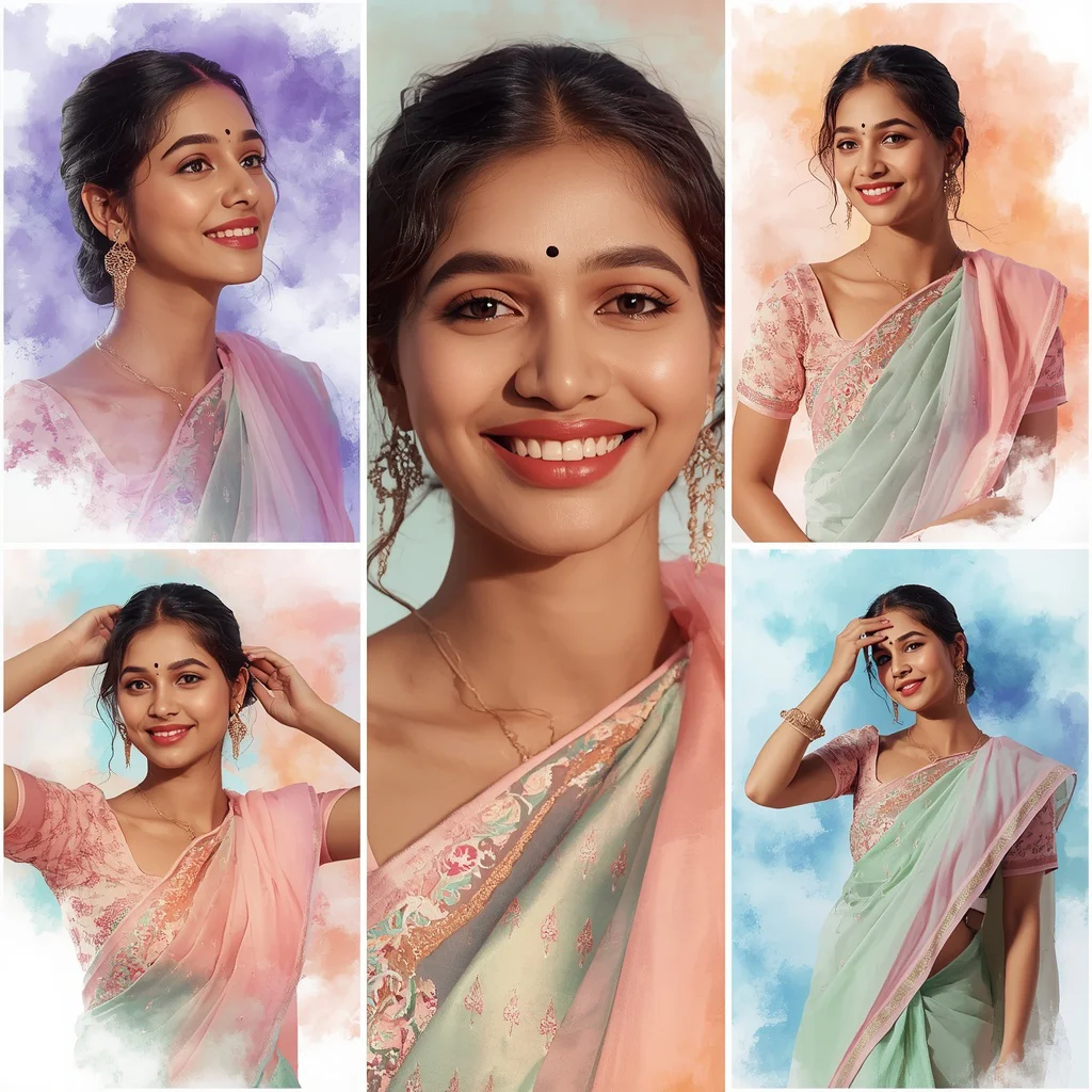 A Creative Collage of an Indian Woman in a Festive Pastel Saree with Watercolor Washes | trending prompt in instagram — AI image prompt