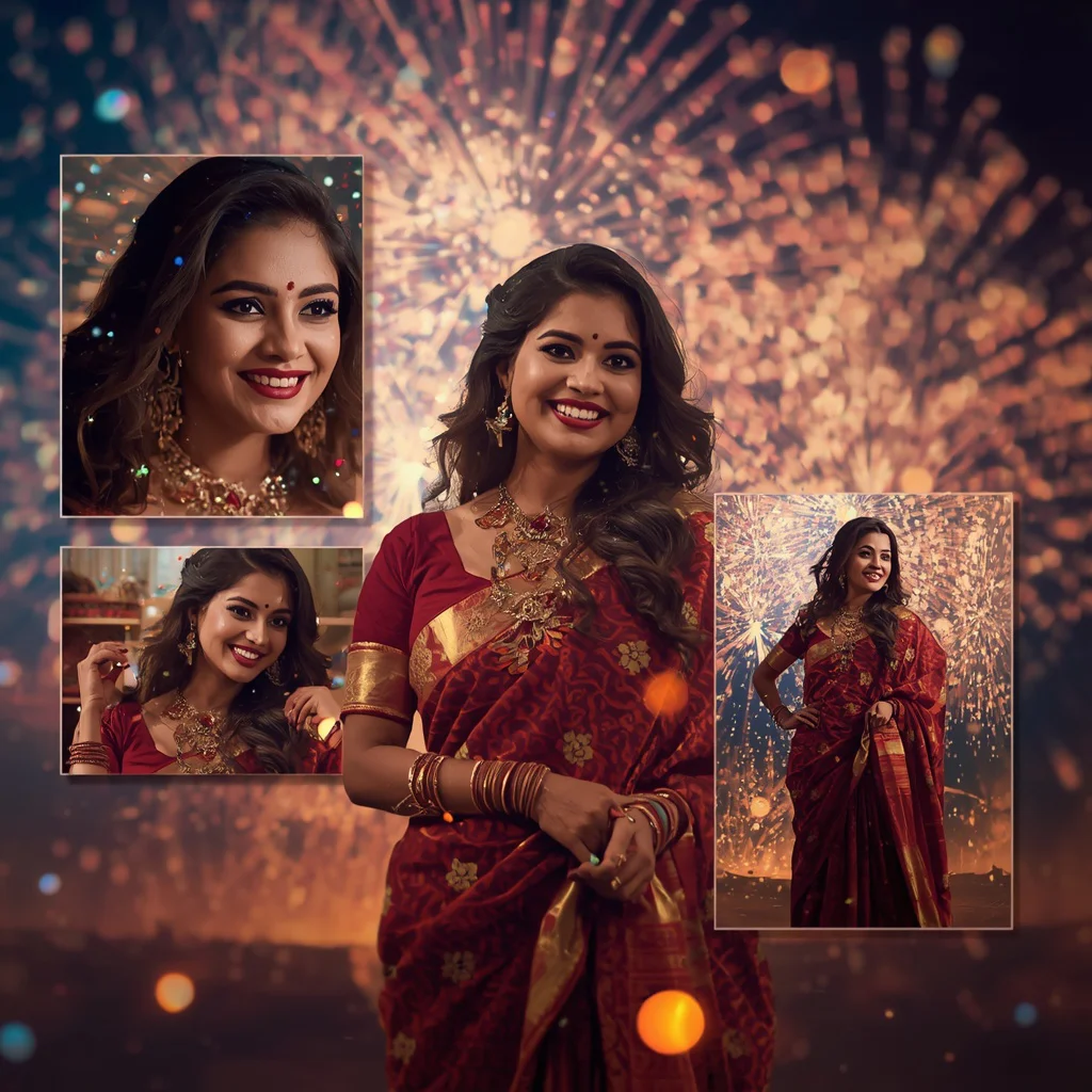 A Dynamic Collage of an Indian Woman in a Festive Saree with Firework Bursts | chatgpt photo editing prompts for girl traditional