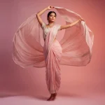 A Graceful Indian Woman in a Festive Pastel Saree with Flowing Dupatta | traditional saree prompt for chatgpt in english