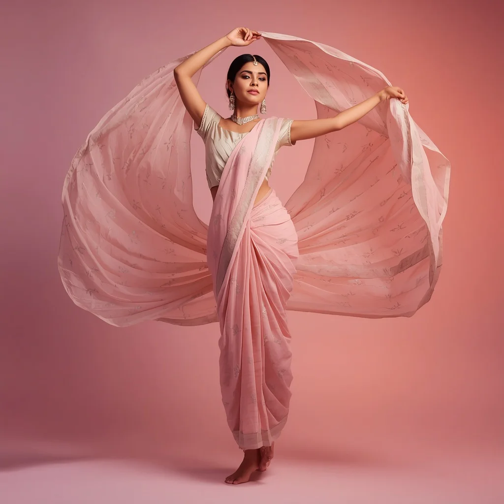 A Graceful Indian Woman in a Festive Pastel Saree with Flowing Dupatta | traditional saree prompt for chatgpt in english
