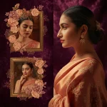 A Luxurious Collage of an Indian Woman in a Saree with Floral Embroidery | best prompt for saree for wedding