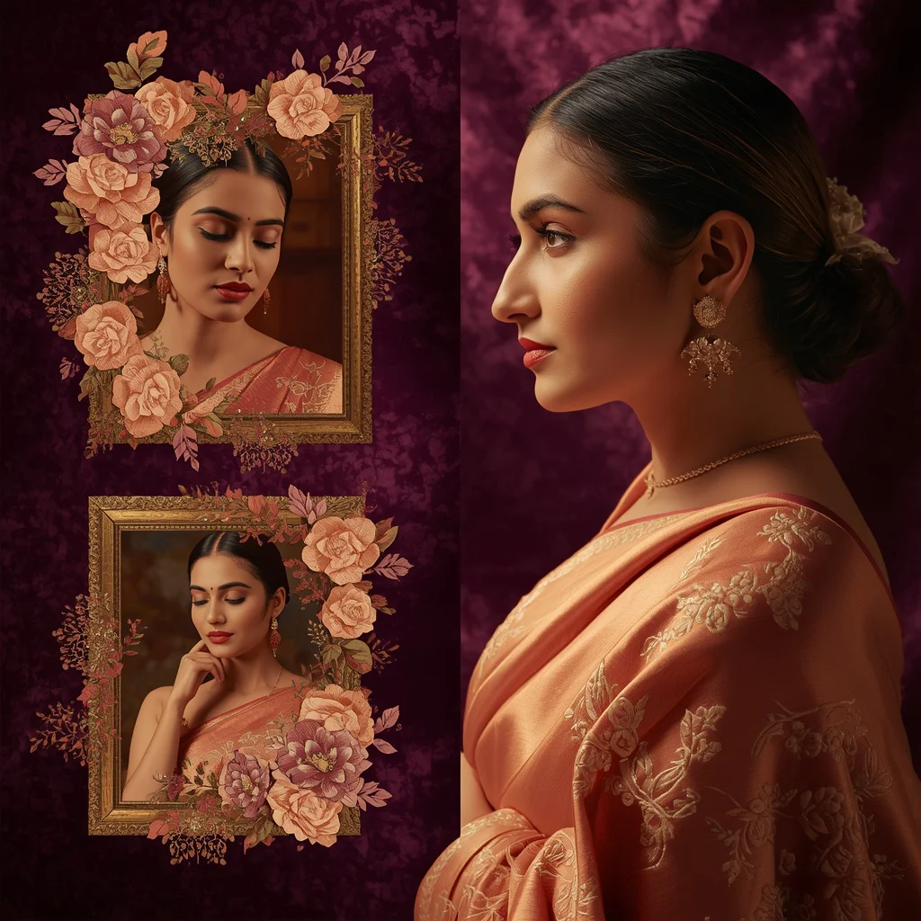 A Luxurious Collage of an Indian Woman in a Saree with Floral Embroidery | best prompt for saree for wedding — AI image prompt