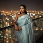 Indian Woman in a Modern Pastel Saree with City Lights | cute prompt for girls in saree for instagram